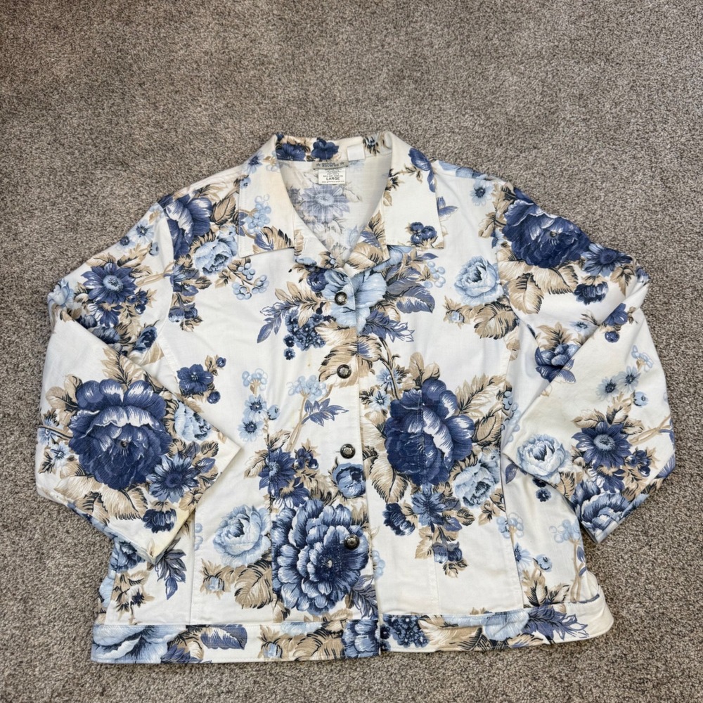 Gotcha Covered Floral Denim Jacket Blue White Large Made in USA G51-6385-02